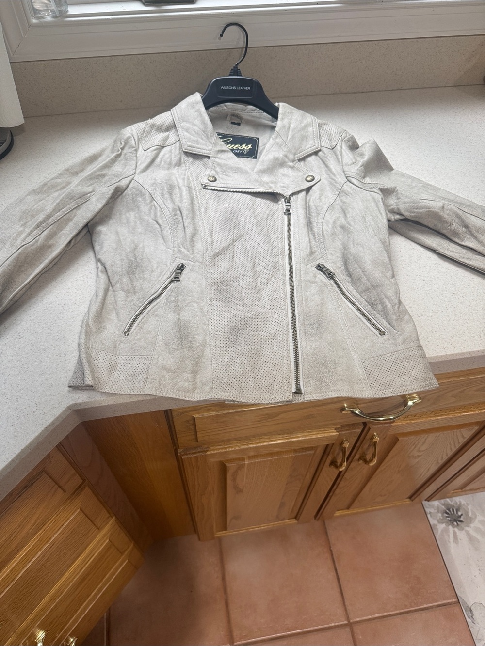 Guess Light Gray Asymmetrical Faux-Leather Moto Jacket
